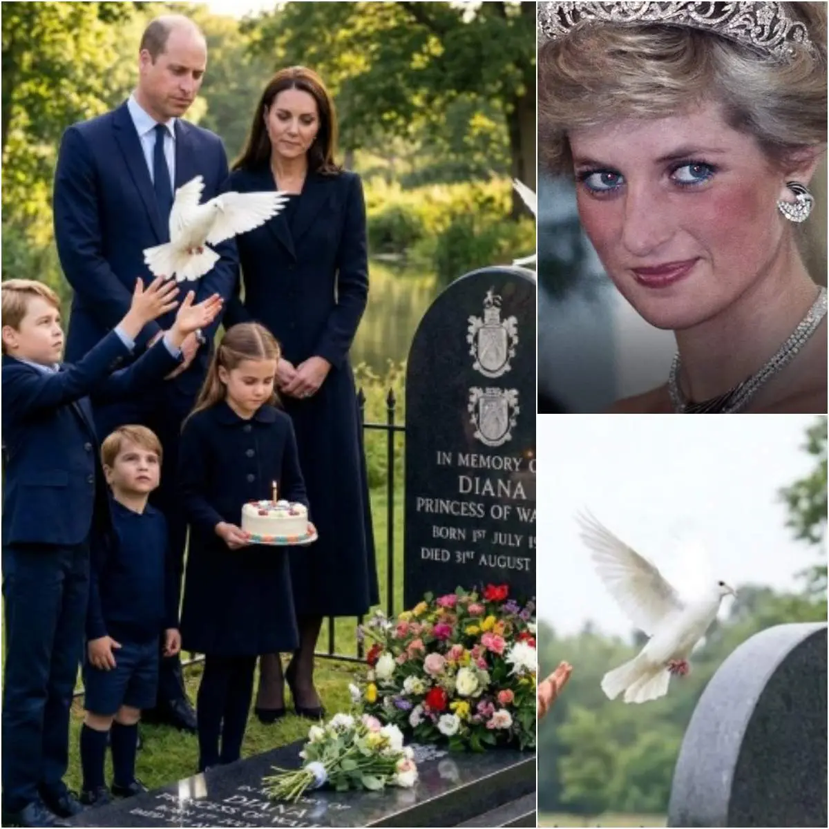 🌹 PRINCE WILLIAM AND CATHERINE LEAD EMOTIONAL TRIBUTE TO PRINCESS DIANA: PRINCESS CHARLOTTE BRINGS BIRTHDAY CAKE, PRINCE GEORGE AND PRINCE LOUIS SING “SEE YOU AGAIN,” WHITE DOVES RELEASED IN A TEARFUL FAMILY MEMORIAL “Happy Birthday, Grandma…” 🕊️🎂 A tender tribute as Prince William’s children honor Princess Diana in an emotional family moment. Get your tissues ready. Prince William and Princess Catherine were reportedly deeply moved during a quiet visit to Princess Diana’s resting place. Princess Charlotte gently carried a birthday cake in remembrance of her late grandmother, while Prince George and Prince Louis sang a heartfelt version of “See You Again,” filling the moment with emotion and reflection. As white doves rose into the sky, symbolizing peace and eternal love, those present described the atmosphere as overwhelmingly touching. It was a powerful reminder that Diana’s legacy continues to live on – not just in history, but in the hearts of her grandchildren.