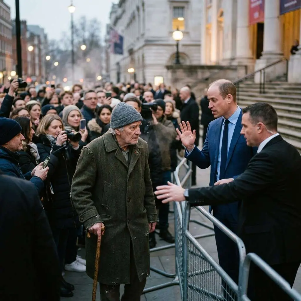 The security officers from the royal protection team moved swiftly to intercept the man, their postures tense and hands ready, but Prince William calmly raised a hand and spoke in a measured, gentle tone: “Please, let him come closer.”