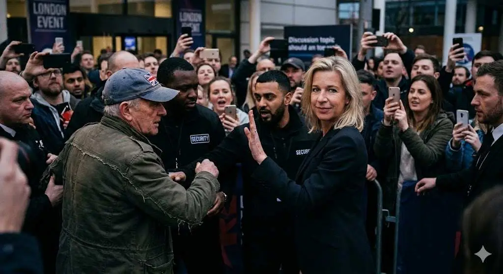 The security guards were preparing to stop him, but Katie Hopkins calmly raised her hand and said, “Let him come closer.”