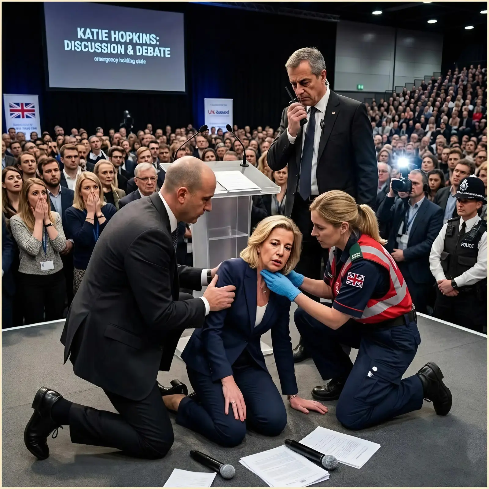 “30 MINUTES AGO: Panic spread through the packed hall as British commentator Katie Hopkins suddenly collapsed while speaking. Medical and security staff immediately rushed to her aid as onlookers watched in stunned silence. We now have a moving update on the serious health battle Katie is facing. Our hearts go out to her and her loved ones.”