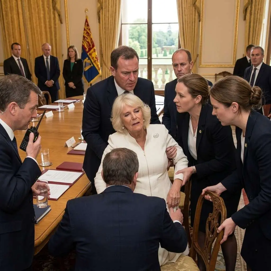30 MINUTES AGO: Panic engulfed the meeting room at Buckingham Palace when Queen Camilla suddenly collapsed during an important internal royal meeting.