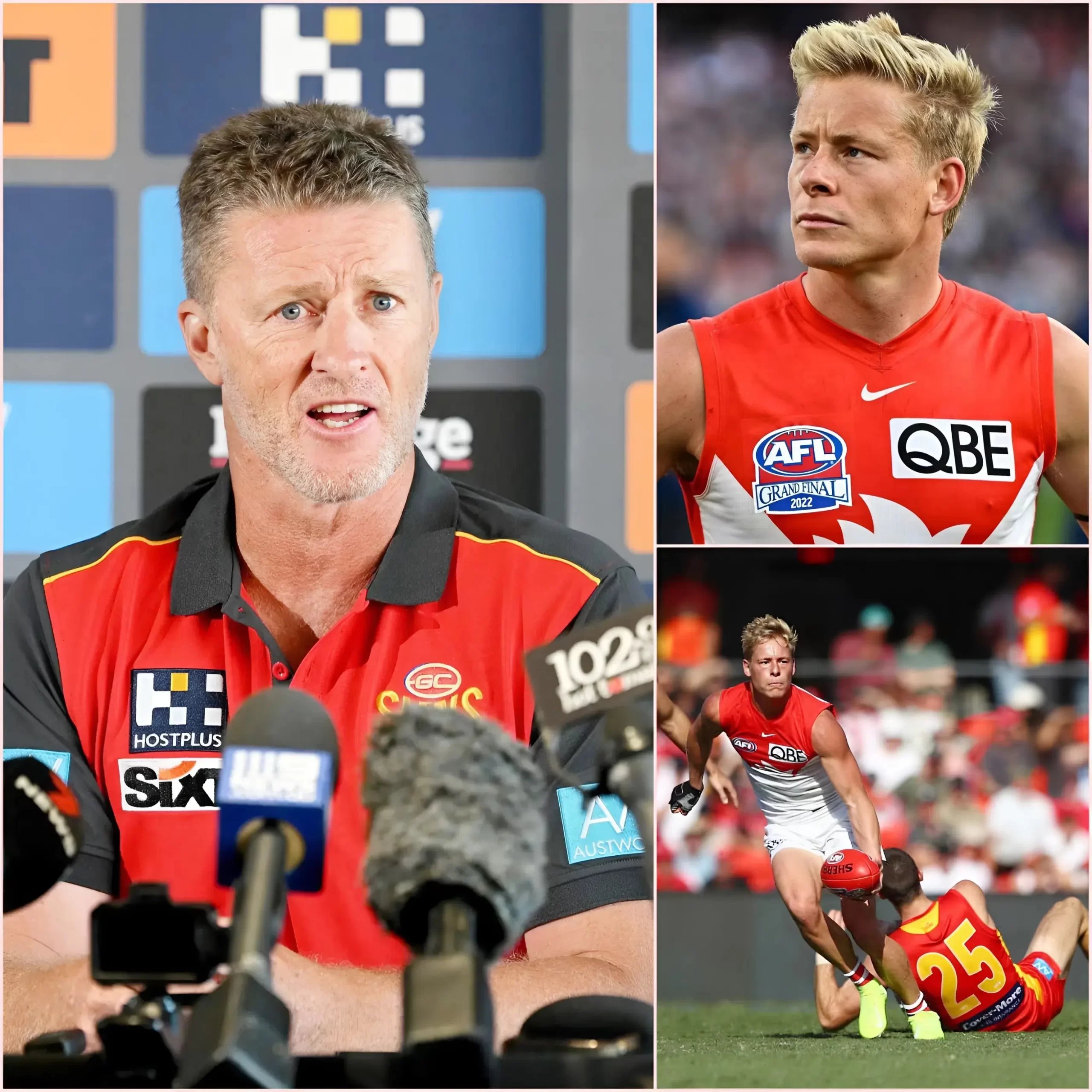 “HE’S A CHEATER!” After a humiliating 100-68 loss to the Sydney Swans at Sydney Cricket Ground, Gold Coast Suns coach Damien Hardwick was furious, pointing directly at player Isaac Heeney and loudly accusing the Sydney Swans star of using high-tech equipment to “cheat,” demanding an immediate investigation by the AFL