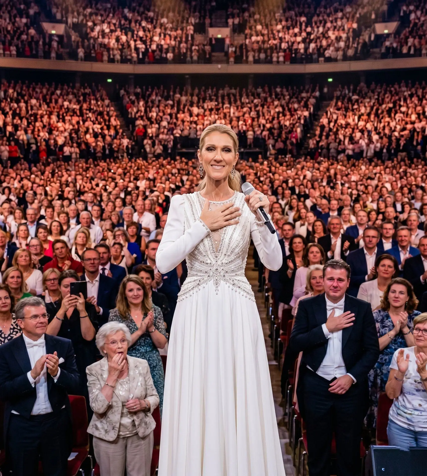 40,000 PEOPLE STOOD UP AT THE SAME SECOND — BEFORE SHE EVEN SANG A NOTE. It happened in a heartbeat. Four full stands. Tens of thousands of strangers. All rising to their feet the moment one quiet figure stepped into the light. No announcement. No fanfare. Just Céline Dion… walking out like she was coming home.