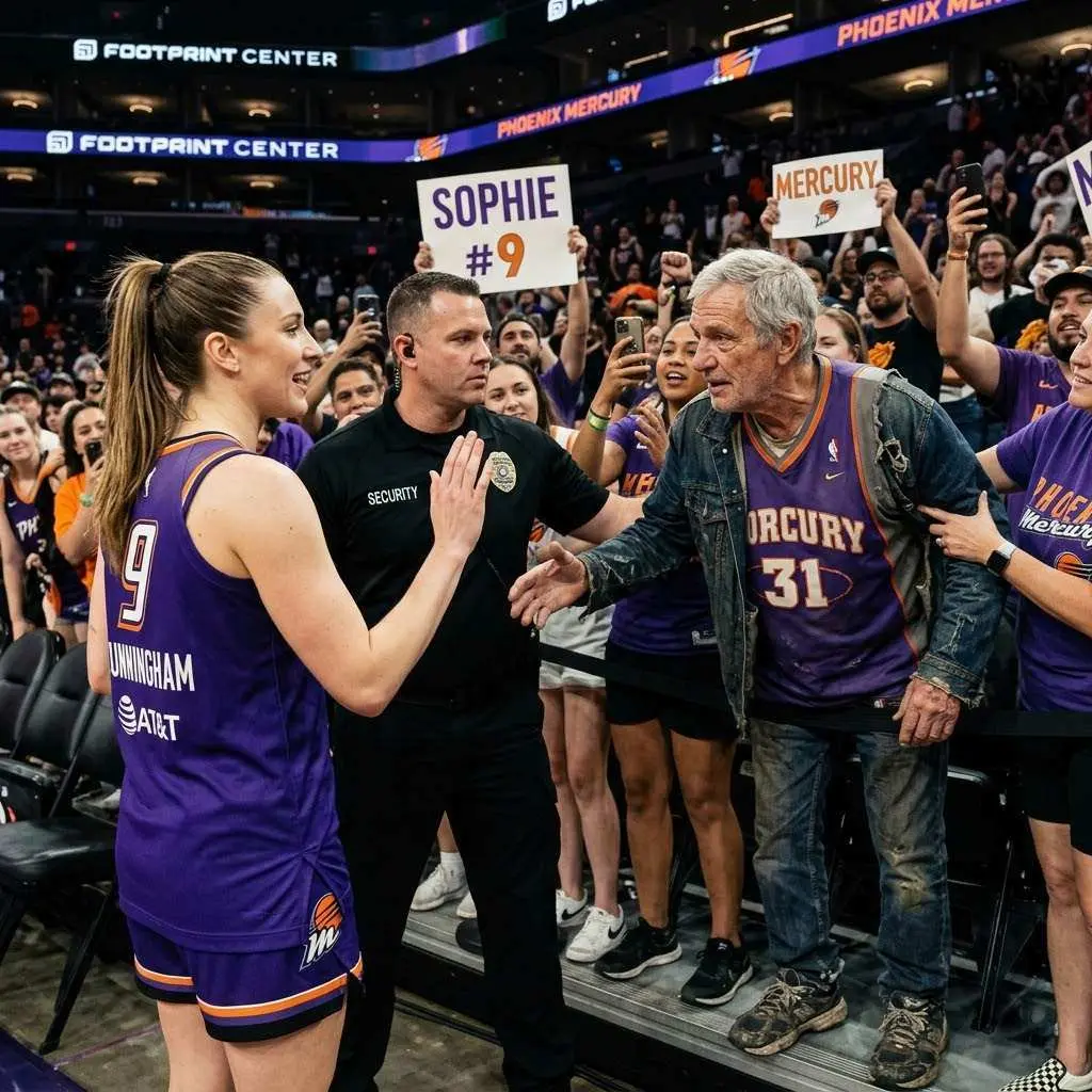 Security staff tried to stop him, but Sophie Cunningham calmly raised her hand and said, “Let him come closer.” A man in his sixties, wearing old, worn-out sneakers, a faded Mercury jersey from the previous season along with a tattered jacket, was pushing through the crowd while Sophie was greeting fans at the post-game meet-and-greet at Footprint Center in 2026.