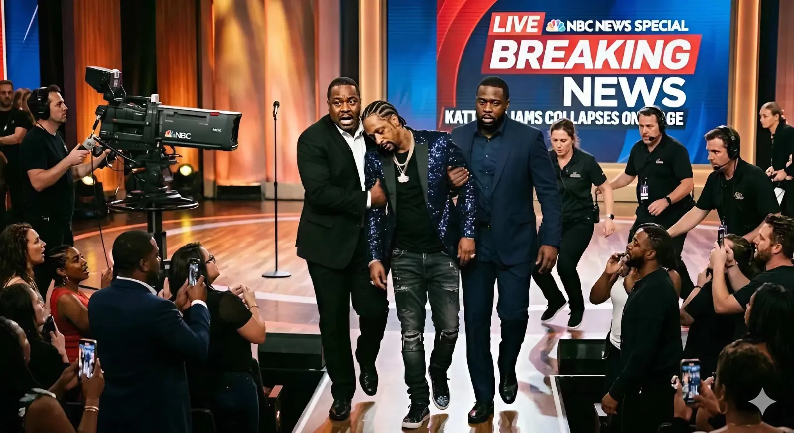 10 MINUTES AGO: Panic and anxiety swept across the set of a live broadcast on a major American TV network when comedian Katt Williams suddenly collapsed in the middle of a passionate interview, where he was fiercely defending his recent explosive statements about Hollywood and the entertainment industry.Witnesses stood by in stunned silence.